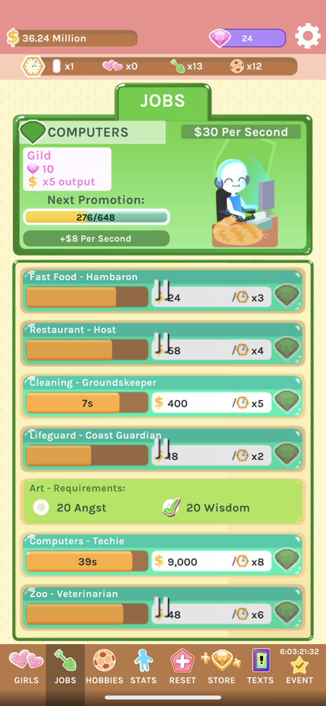 Crush Crush - Idle Dating Sim - Interface de empregos do Crush Crush exibindo várias maneiras de ganhar dinheiro