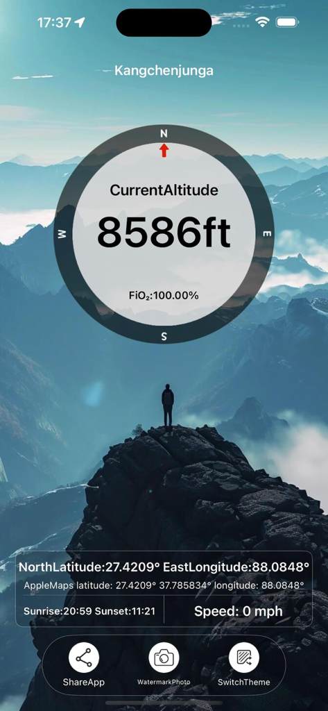 Altimeter Pro - Altitude & Map - Altimeter Pro app dashboard displaying real-time altitude, compass, and GPS coordinates over a mountain background.