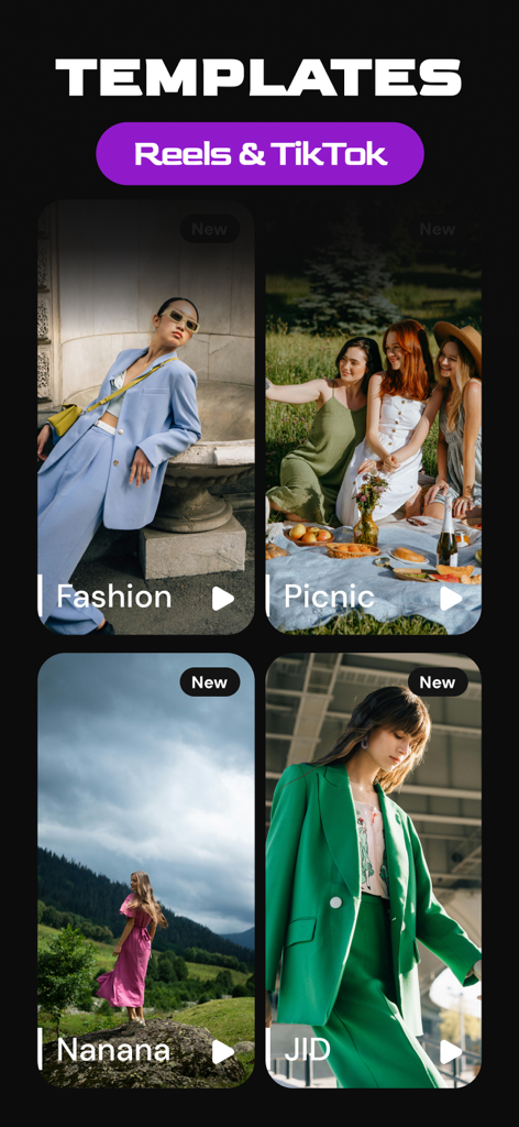 Reels Editor Story Maker BLISK - Interface of the BLISK app showing aesthetic video templates for Reels and TikTok