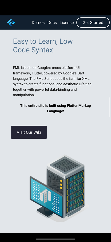 Framework Markup Language - Una pantalla de la aplicación Framework Markup Language explicando su sintaxis de bajo código y la integración con Flutter junto a una ilustración 3D de un servidor y un monitor.