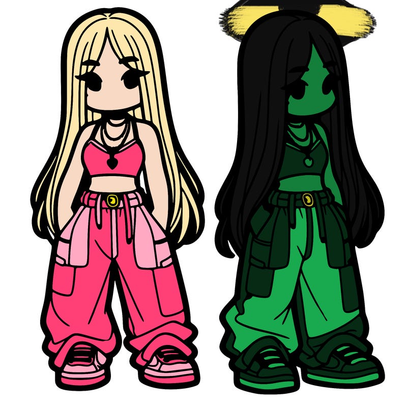 girl in baggy pants crop top and long hair