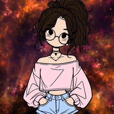 girl with a messy ponytail glasses a baggy crop top and jean shorts