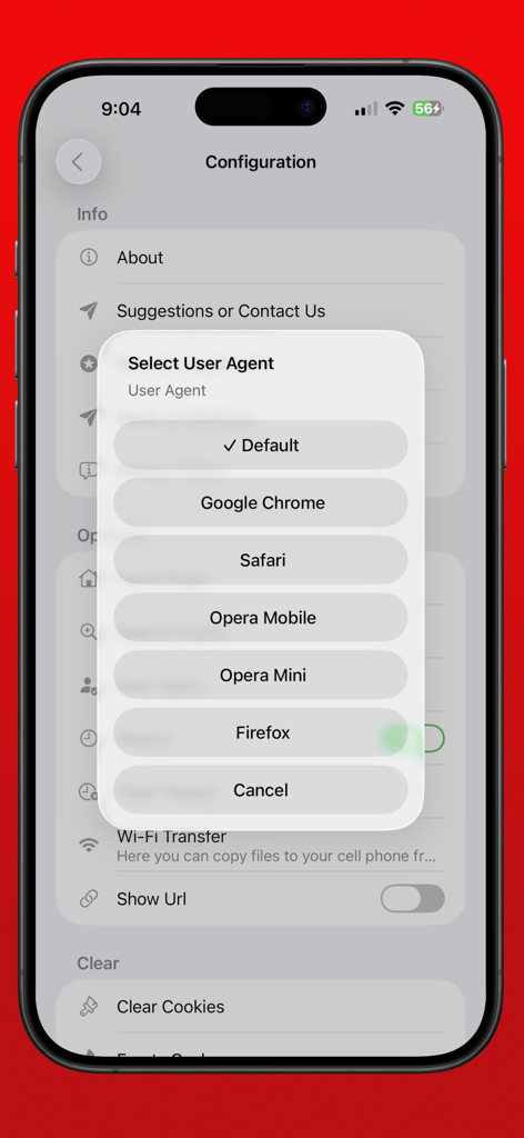 Ein Menü in der eBrowser-App zur Auswahl eines benutzerdefinierten User Agents aus Optionen wie Chrome, Safari und Firefox.