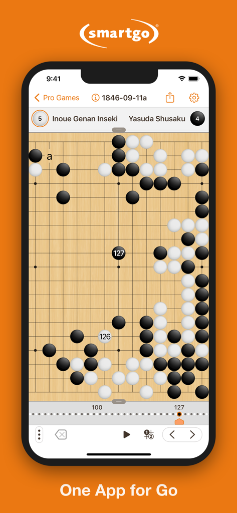 SmartGo One - SmartGo One mobile app interface showing a historical Go game record with black and white stones.