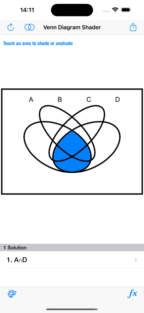 Venn Diagram Shader - Diagrama de Venn de cuatro conjuntos que muestra la intersección de los conjuntos A y D sombreada en azul