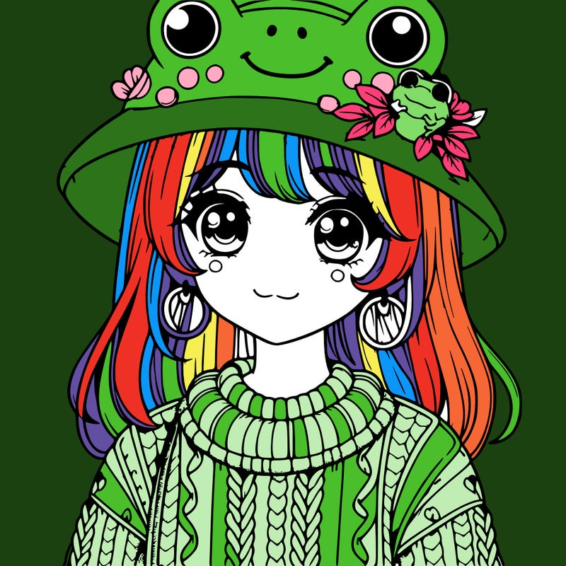 realistic girl wearing frog sweater and a frog hat with frog earrings