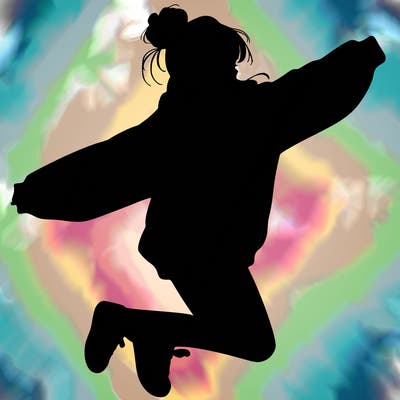 realistic girl jumping with a bun and oversized sweatshirt