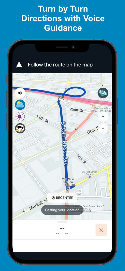 Smartphone screen showing Road Hunter truck navigation app with turn by turn directions and voice guidance