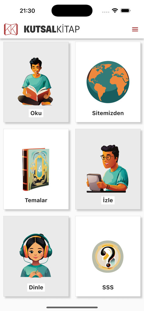 Main menu of the Kutsalkitap Turkish Bible app with navigation options for reading watching and listening