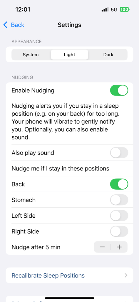 RePosa. - The settings screen of the RePosa app showing nudging options to alert users when they are sleeping on their back.