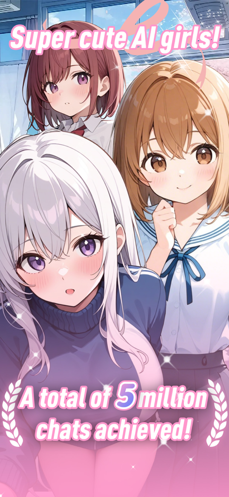 Feelin AI: AI Chat & Companion - Three anime style AI characters with text saying super cute AI girls and 5 million chats achieved