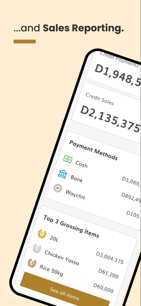 Waychit POS - Sales reporting dashboard in the Waychit POS app showing credit sales and top grossing items.