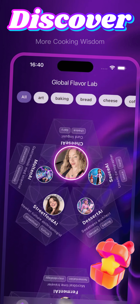 Tammo app interface featuring AI culinary experts and global flavors