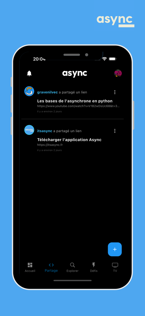 Async - Screenshot of the Async app showing the shared content feed for developers with links to tutorials and project resources