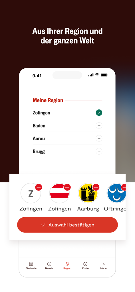 Zofinger Tagblatt - Mobile screen of the Zofinger Tagblatt app showing the regional news selection interface with city icons for Zofingen, Aarburg, and Oftringen