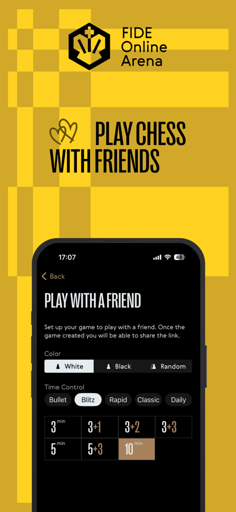World Chess: Learn and Play - World Chess app interface showing options to set up a chess game with a friend including time controls and color selection