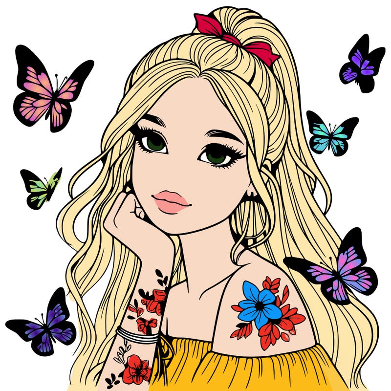 realistic girl with butterflies