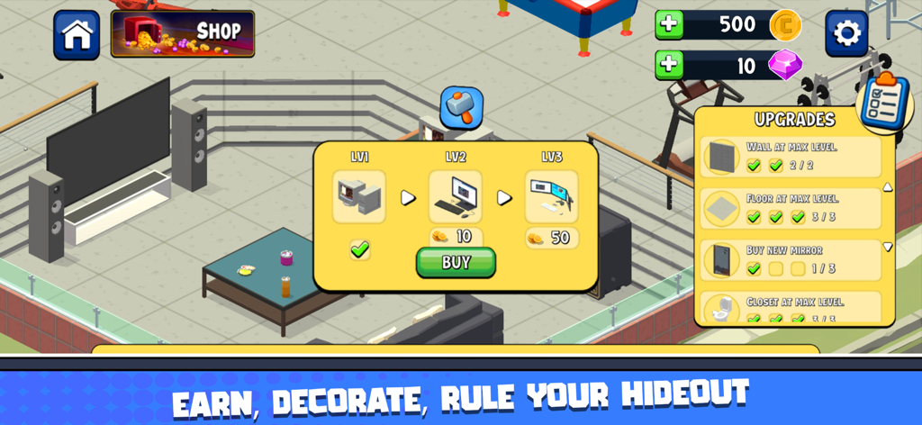 City Fighter vs Street Gang - City Fighter hideout customization screen showing computer and room upgrades