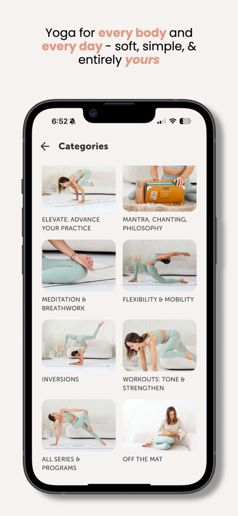SATI studio - SATI studio app screen displaying various wellness categories including meditation, breathwork, and flexibility trainings
