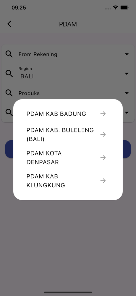 GPD Online New - Menu for selecting regional water utility providers in Bali for bill payment