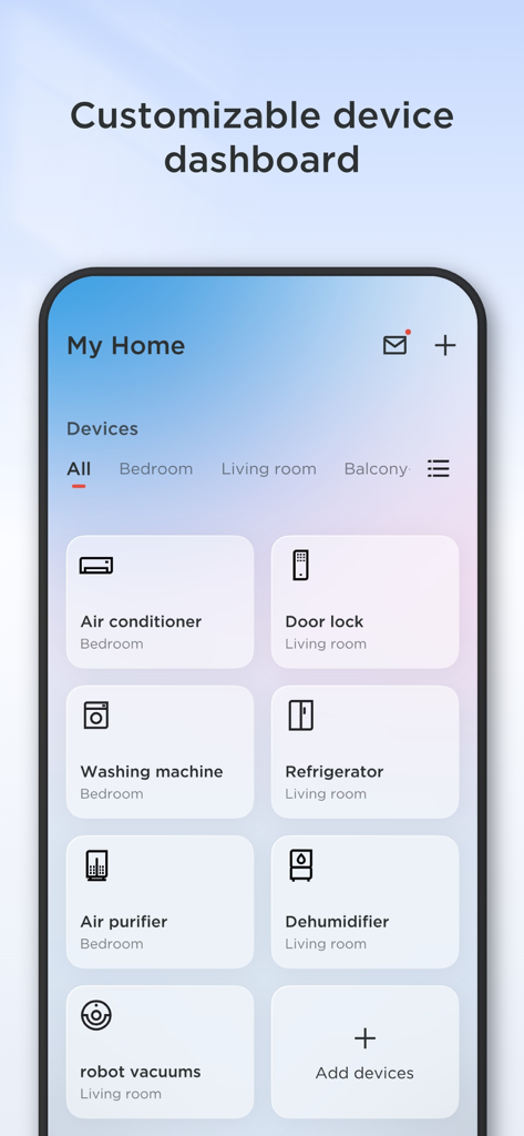 TCL Home app interface showing a customizable device dashboard for controlling smart home appliances