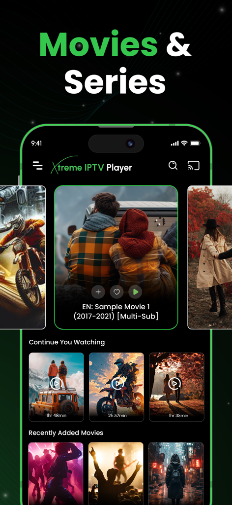 Flix: IPTV Smarters Player - Flix IPTV Smarters Player app interface showing the movies and series library with featured content and continue watching sections.