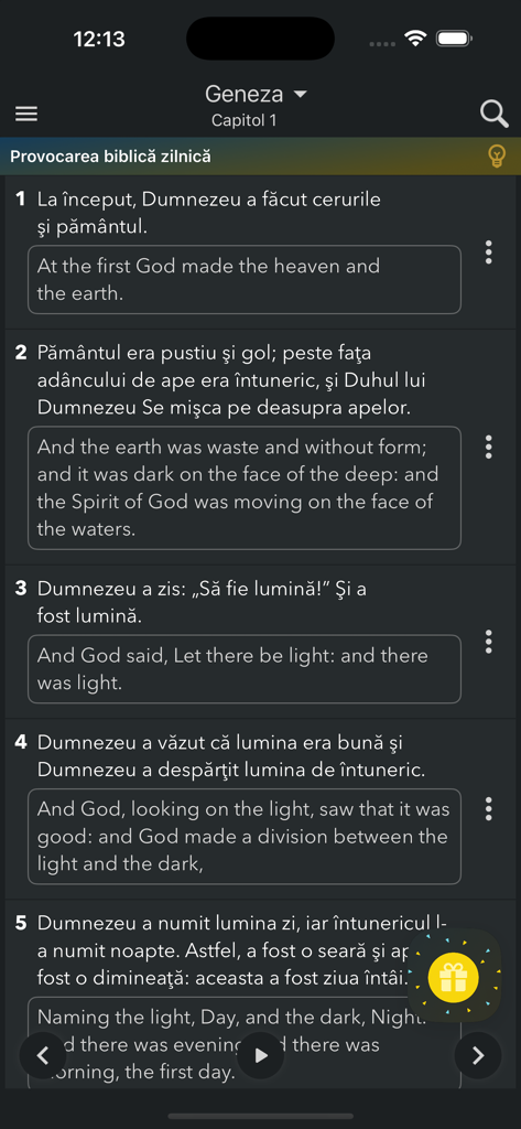 Biblia Cornilescu - Biblia Cornilescu app screen showing biblical verses in Romanian and English in dark mode.