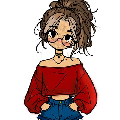 girl with a messy ponytail glasses a baggy crop top and jean shorts