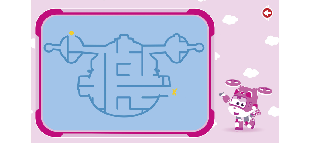 Super Wings - It's Fly Time - Dizzy el helicóptero junto a un juego de rompecabezas de laberinto con forma de vehículo