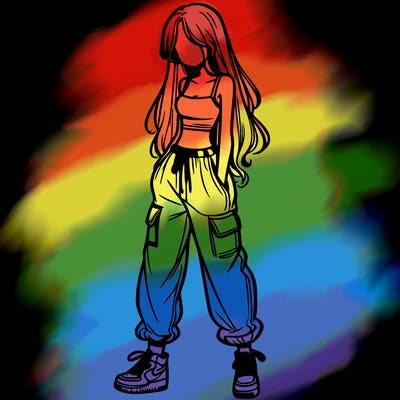 girl in baggy pants crop top and long hair