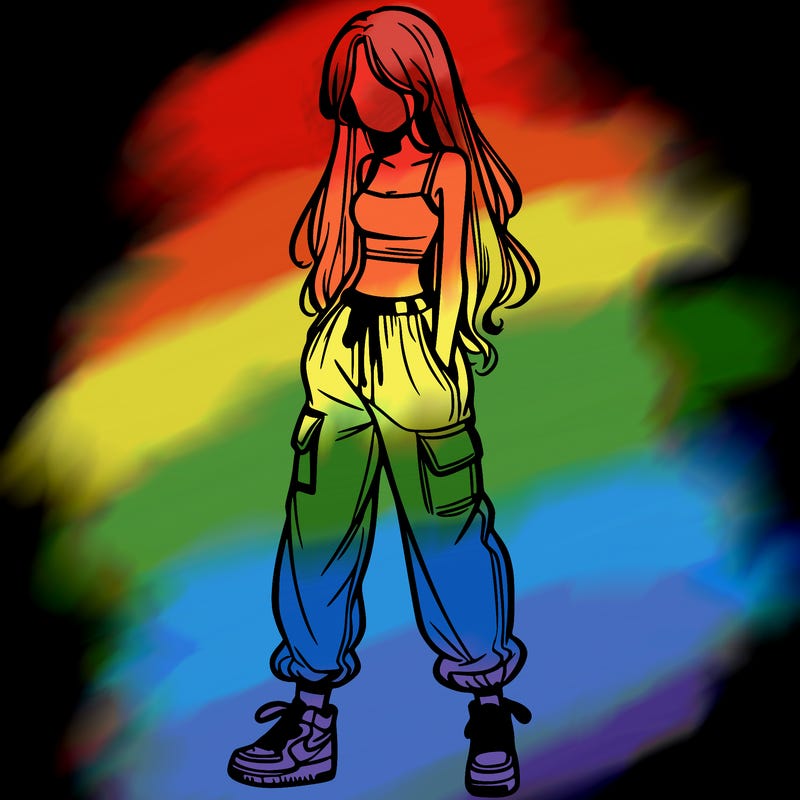 girl in baggy pants crop top and long hair