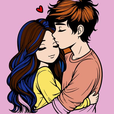 a realistic couple boy and girl hugging and kissing