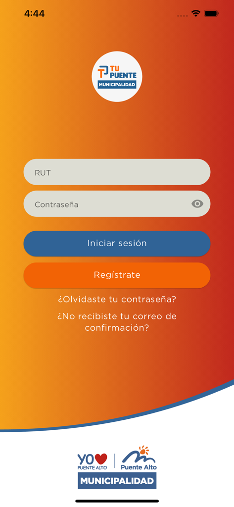 Tu Puente - Pantalla de inicio de sesión de la aplicación Tu Puente con campos de entrada para RUT y contraseña y botones para iniciar sesión y registrarse