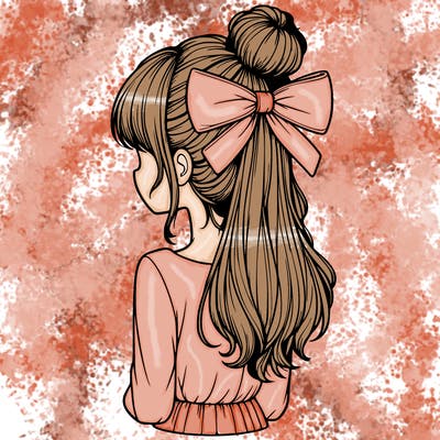 realistic girl  with hip length hair a bun and a big bow on the back of head