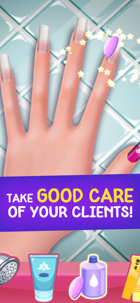 Game screen showing a hand being prepared for a manicure with skincare products and beauty tools