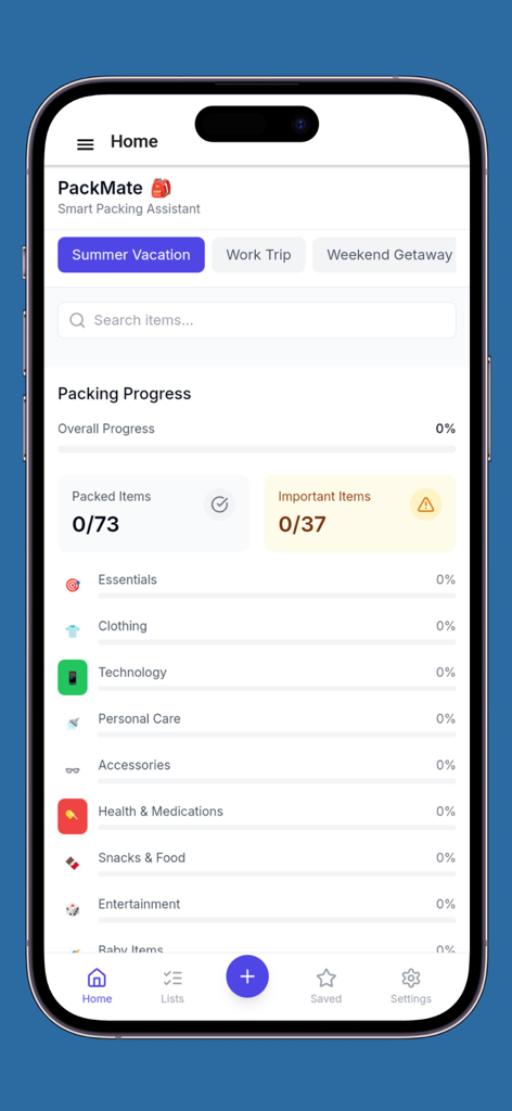 Packing list - checklist - Packing list app home screen showing travel categories and packing progress.