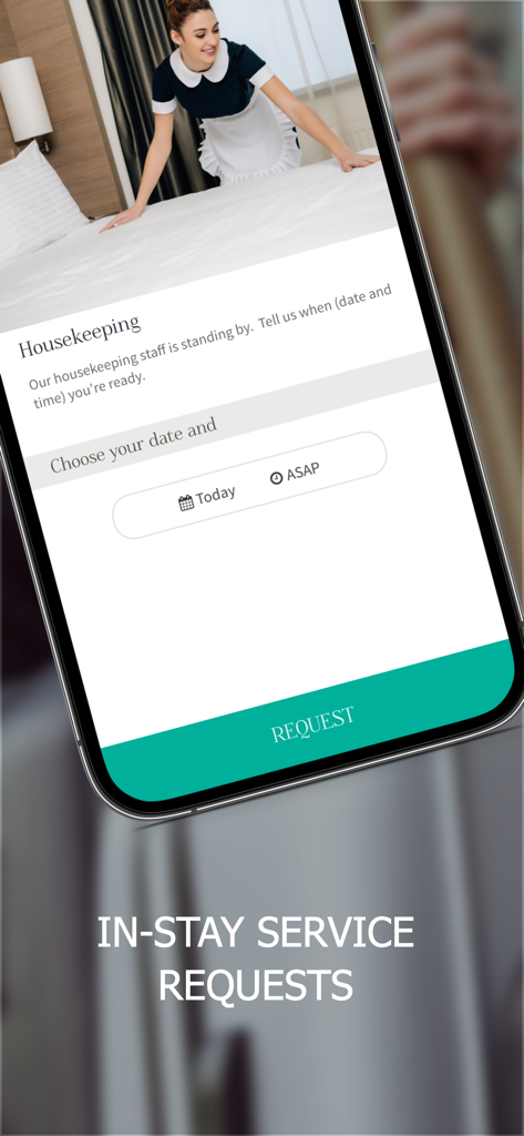 ONYX Rewards - ONYX Rewards app interface showing an in-stay service request screen for housekeeping