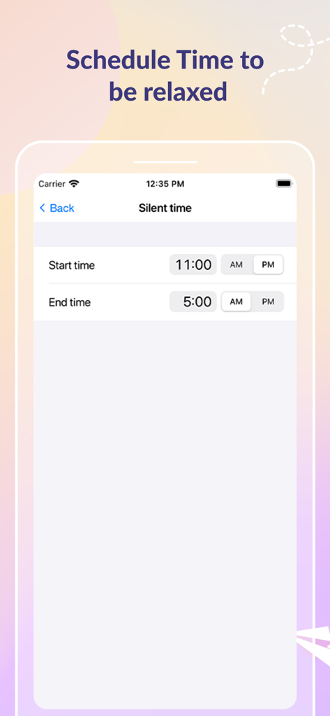 Interface for scheduling silent time in the Hourly Chime app with start and end time pickers