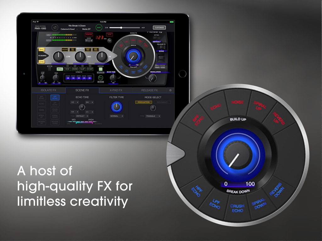 RMX-1000 for iPad interface showing high-quality Scene FX and professional DJ controls