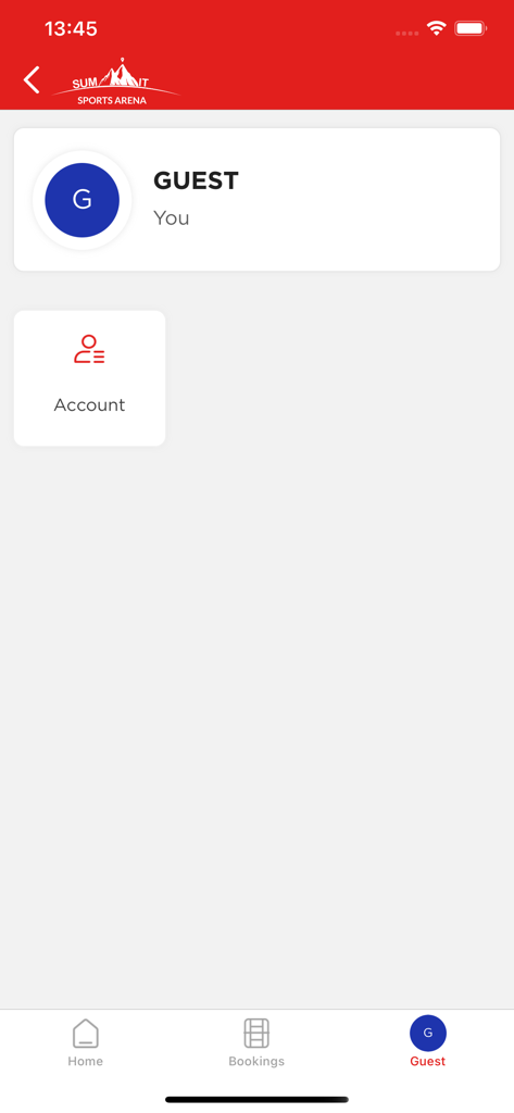 Summit Sports Arena - Guest profile screen in the Summit Sports Arena padel booking app