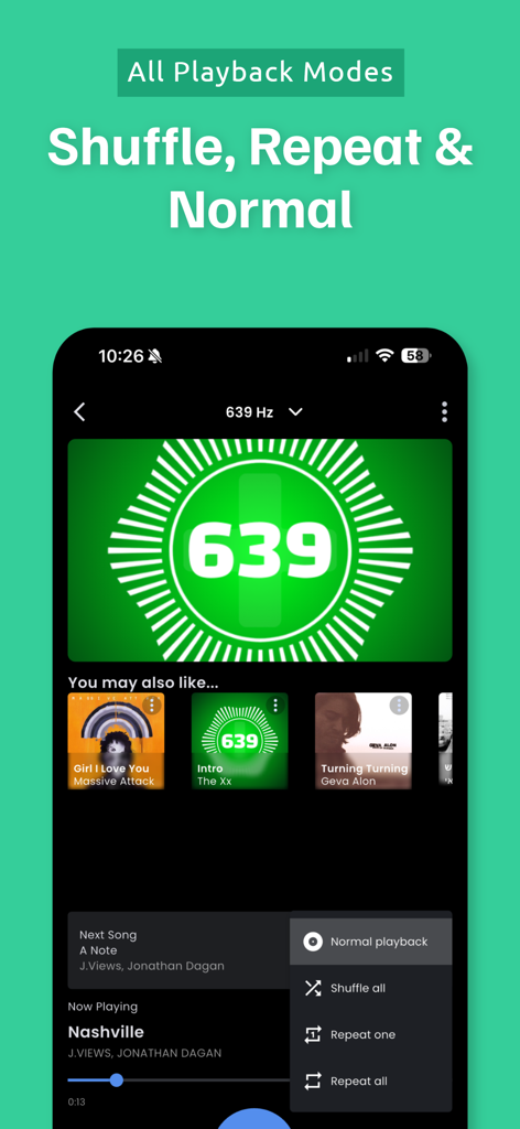 639 Player Plus app interface showing music playback settings including shuffle and repeat modes