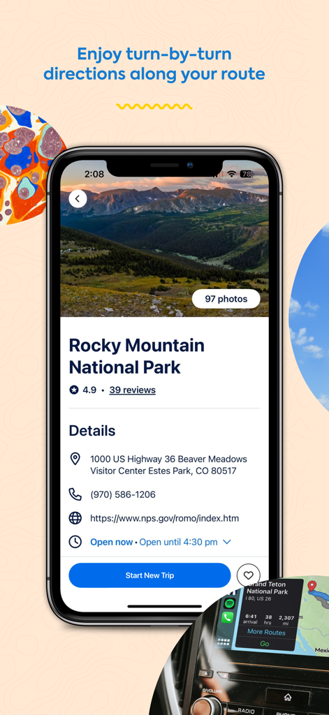 A smartphone showing Rocky Mountain National Park details in the Roadtrippers app with turn-by-turn navigation instructions.