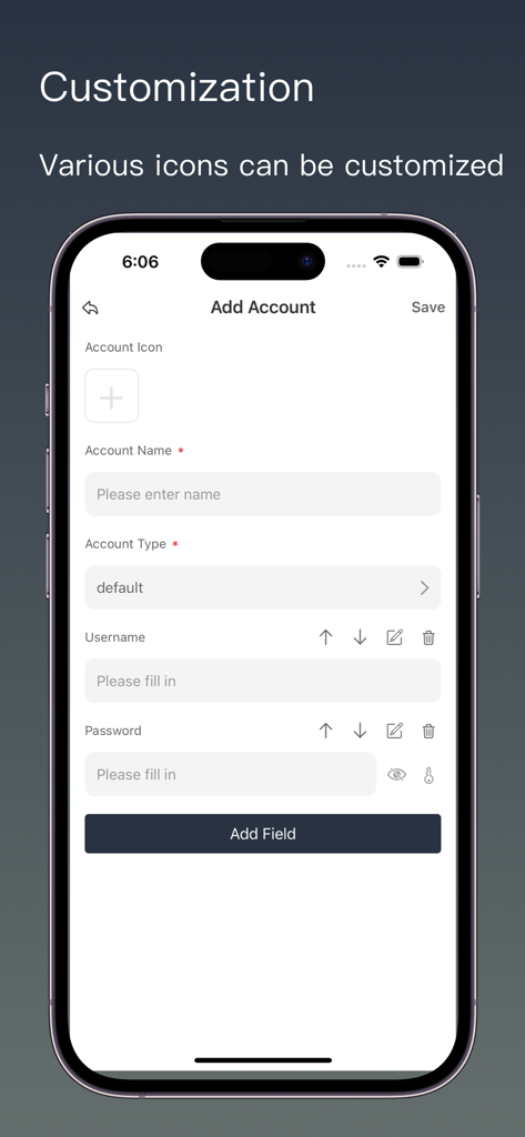 S Password Offline Account - Add account screen of S Password app showing customization options for icons and fields