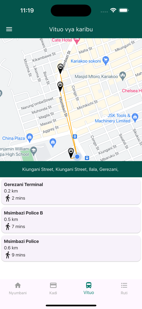 Screenshot of the Mwendokasi app showing a map of Dar es Salaam with nearby bus stations and walking distances