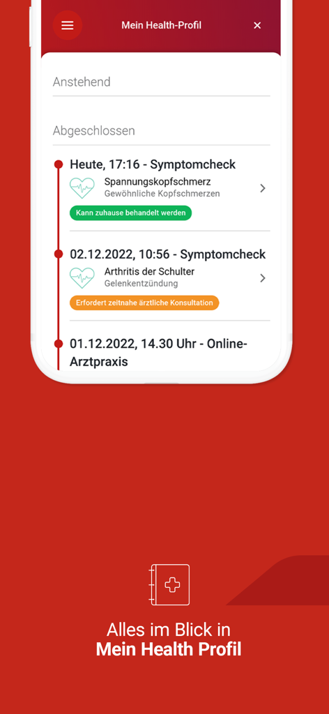 Generali Mobile Health - La pantalla del perfil de salud en la aplicación Salud Móvil Generali que muestra el historial de verificación de síntomas y las citas médicas