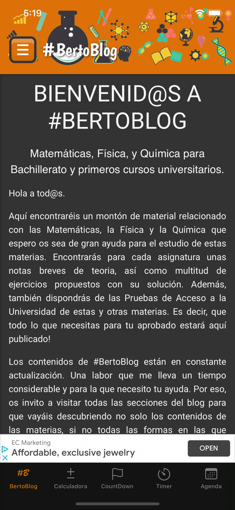 #BertoBlog - Welcome screen of BertoBlog app featuring study materials for math physics and chemistry