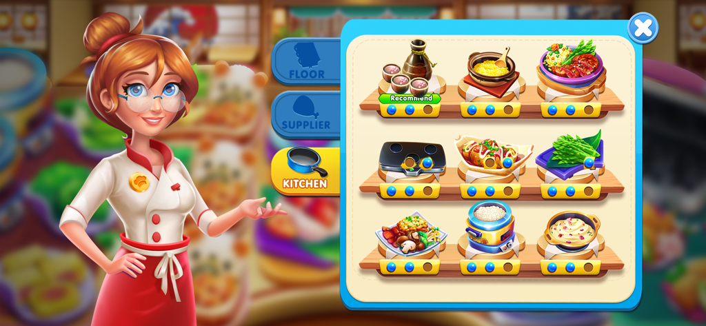 クッキングプレイタイム：テイスティーストリートのキッチンアップグレードインターフェース。食品アイテムと女性シェフのキャラクターが表示されています。
