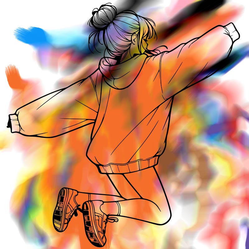 realistic girl jumping with a bun and oversized sweatshirt