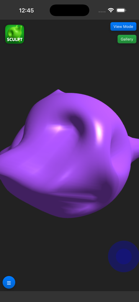 Une sculpture 3D violette brillante en cours de modelage dans l'interface de l'application Sculpt It