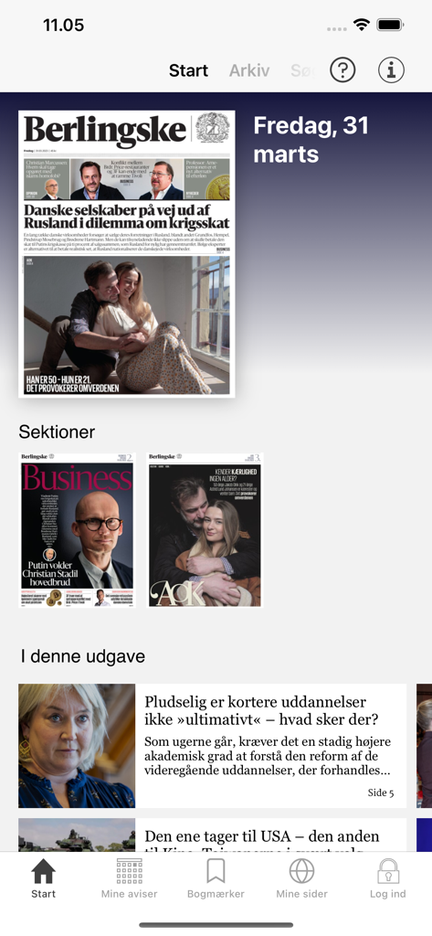 Berlingske e-avis - Interface of the Berlingske e-avis app showing the digital front page and newspaper sections.